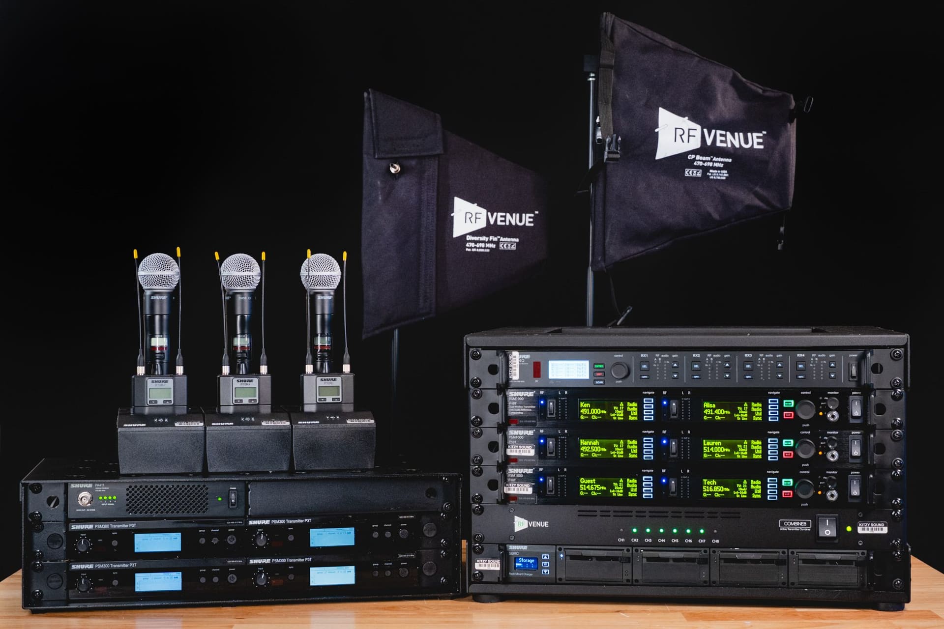 Shure wireless handheld mics and rack with RF Venue antennas