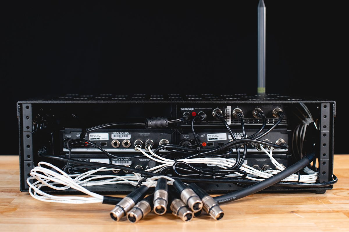 Custom-wired and labeled Shure IEM rack, rear panel